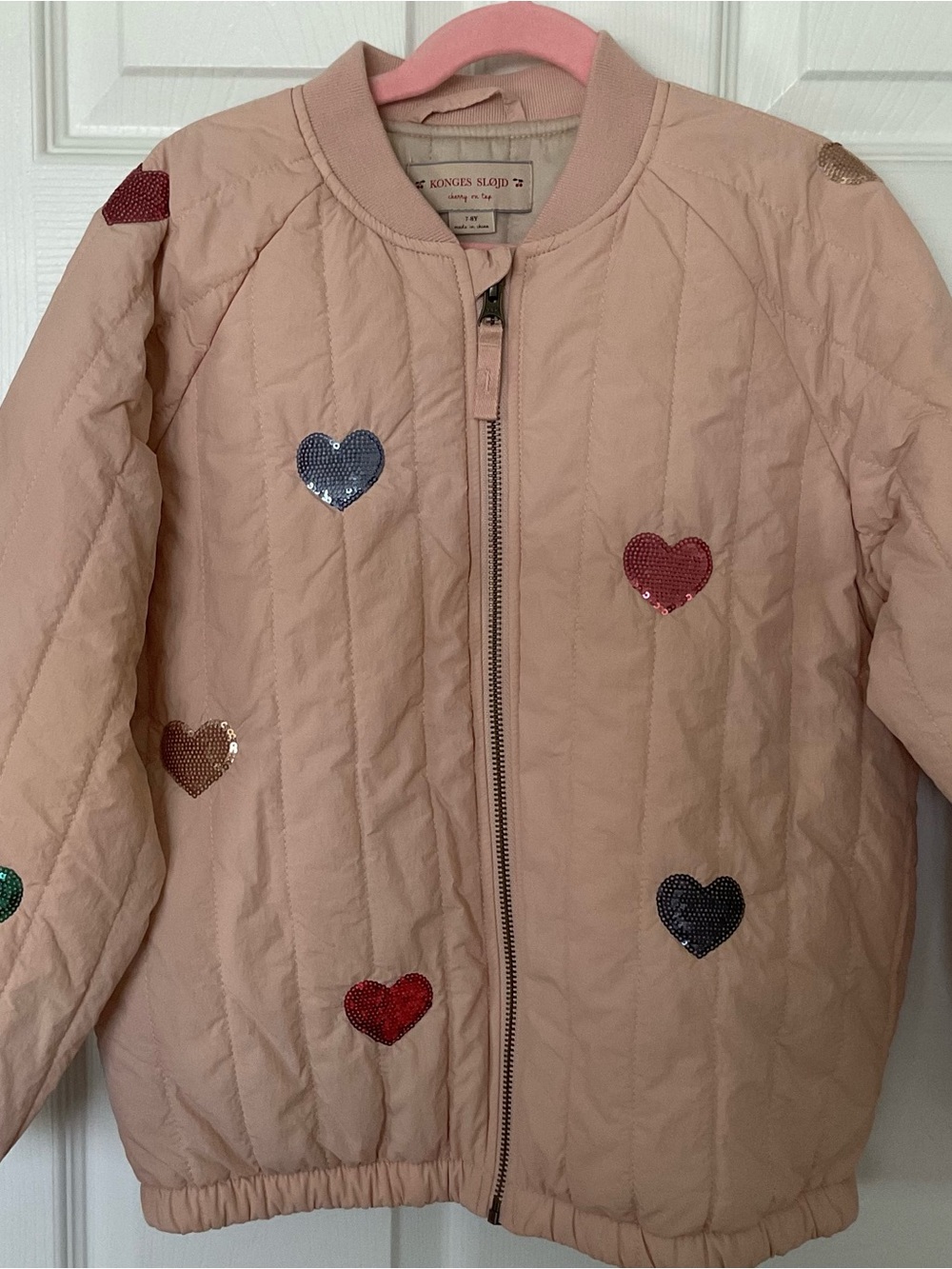 Girls Sequin Heart Quilted Puffer Jacket - Light Pink size 7/8Y